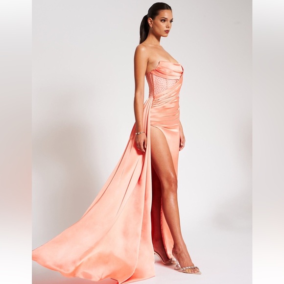 Coral Crystal Corset High Slit Draped Gown - NWT - Picture 3 of 12